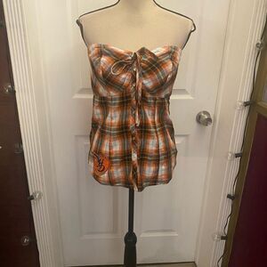 Plaid Strapless Top - Orange and White